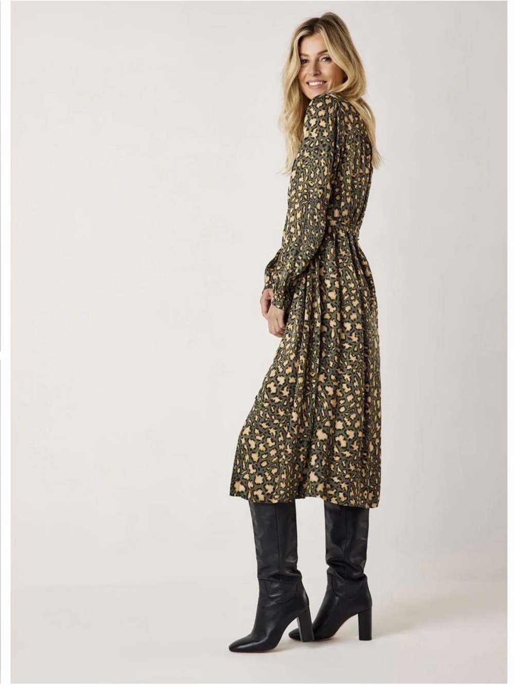 Long Sleeve Green Animal Print Midi Shirt Dress - Picture 5 of 5